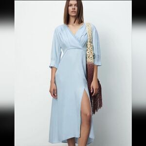 Zara Light Blue Lyocell Midi‎ Dress with Front Slit Size Small